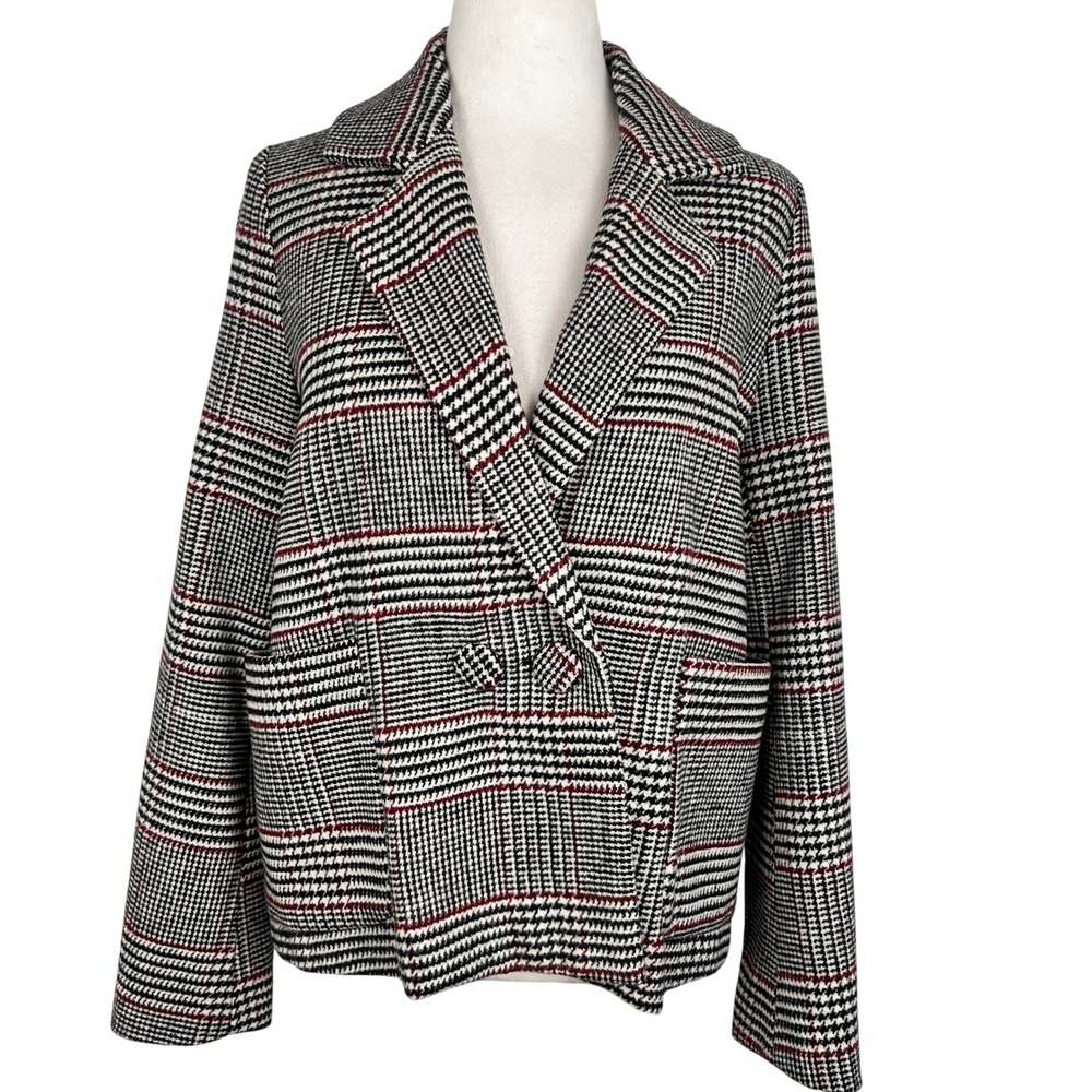 Academia Plaid Houndstooth Blazer Jacket Small Double Breasted Red Black Teacher
